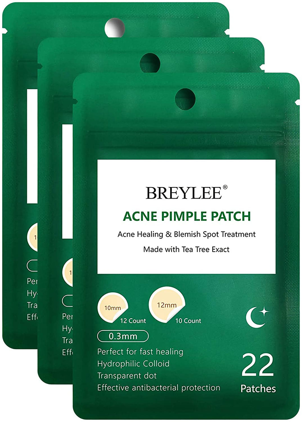 BREYLEE Tea Tree Acne Patch Hydrocolloid Acne Dots (3 Pack Day and Night, 66 Count) Invisible Spot Cover for Acne Absorbing, Pimple Healing, and Blemish Spot Treatment