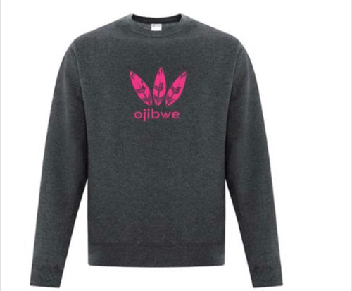 OJIBWE sweat shirt (Dark Heather 3 Feather Hot Pink Logo)